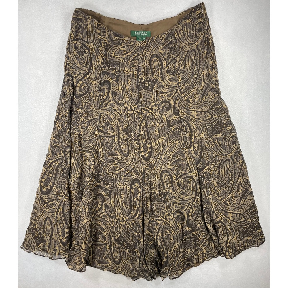 Lauren Ralph Lauren A-Line Brown Paisley 100% Silk 12 Petite